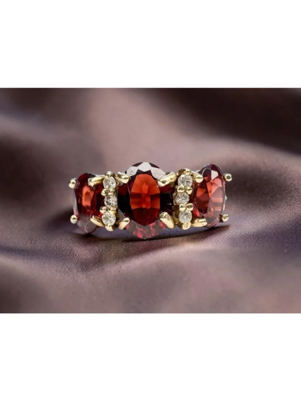10K Gold Natural Indian Garnet & Diamond Ring 2cttw Three Stone Ring Size 4.5